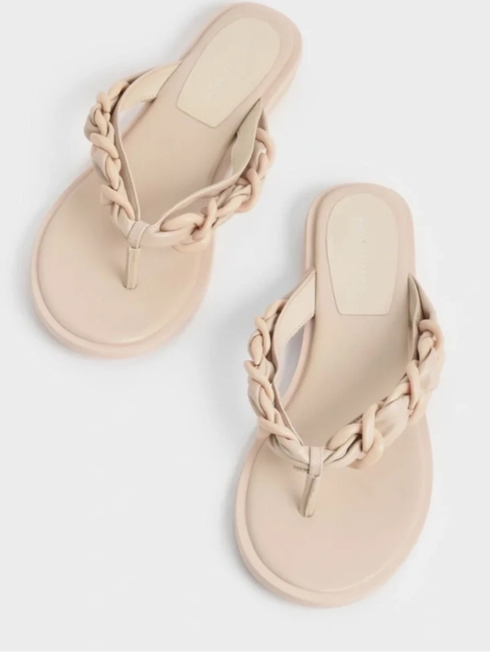 NEW Charles & Keith Vegan Leather Braided Chain Flip Flops Sandals
